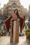 Floral Embroidered Palestinian Beige Thobe with Wide Sleeve