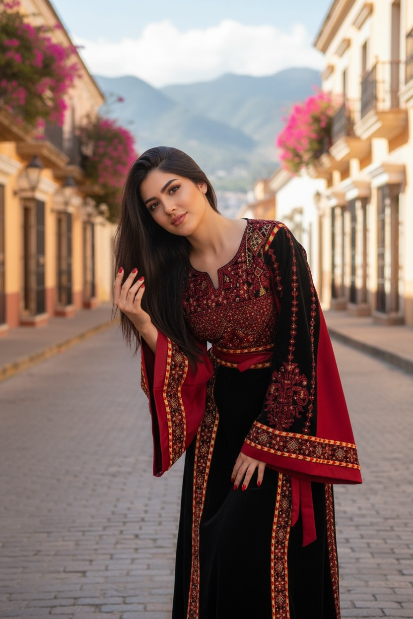 Velvet Simply Elegant Wide Sleeve Thoub Red Embroidered Palestinian Thobe