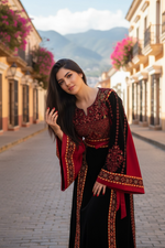 Load image into Gallery viewer, Velvet Simply Elegant Wide Sleeve Thoub Red Embroidered Palestinian Thobe
