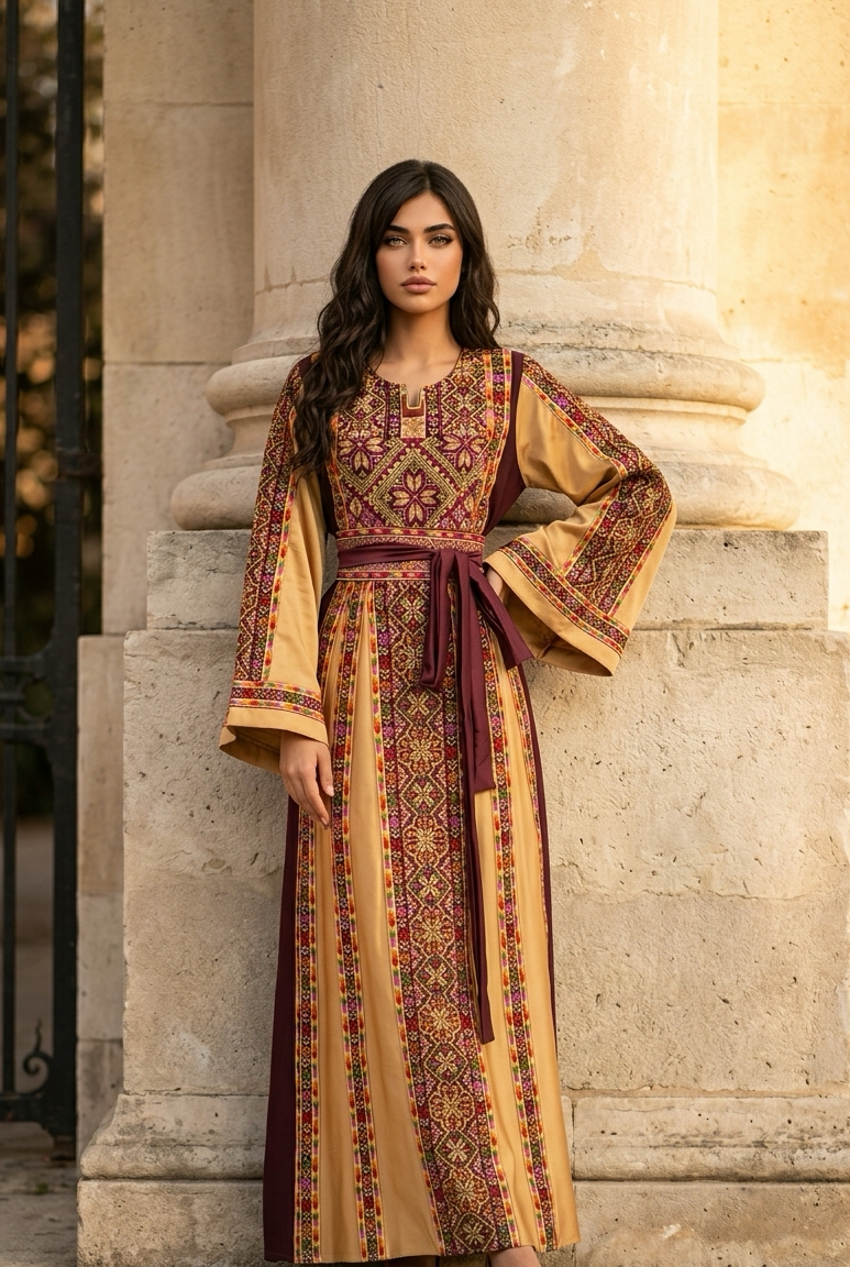 Golden Embroidery Silk Dress – Tatreez1