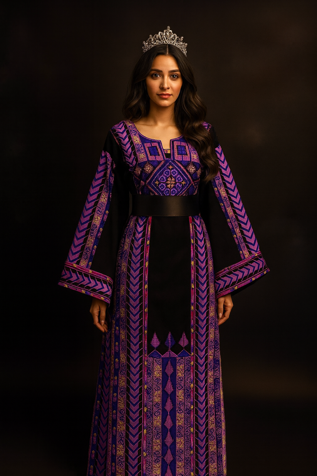 Purple Etameen Embroidered Palestinian Fellahi Thobe With Kashmir belt