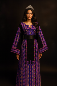 Purple Etameen Embroidered Palestinian Fellahi Thobe With Kashmir belt