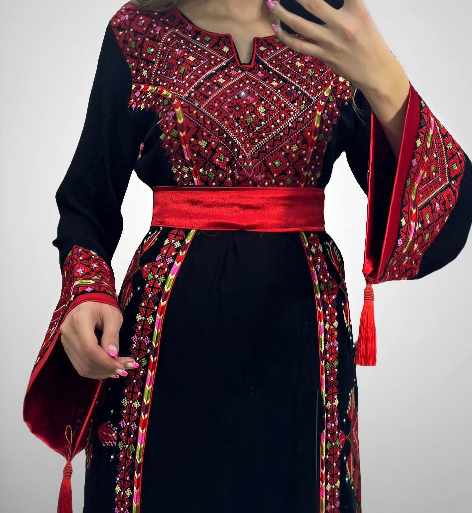 Black/Red Palstainen Embroidery Traditional Long Thoub