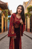 Maroon Velvet embellished with intricate Qasab (metallic) embroidery.