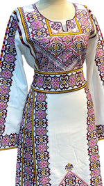 Load image into Gallery viewer, White Thoub Multicolor Embroidered Palestinian Fellahi Thobe
