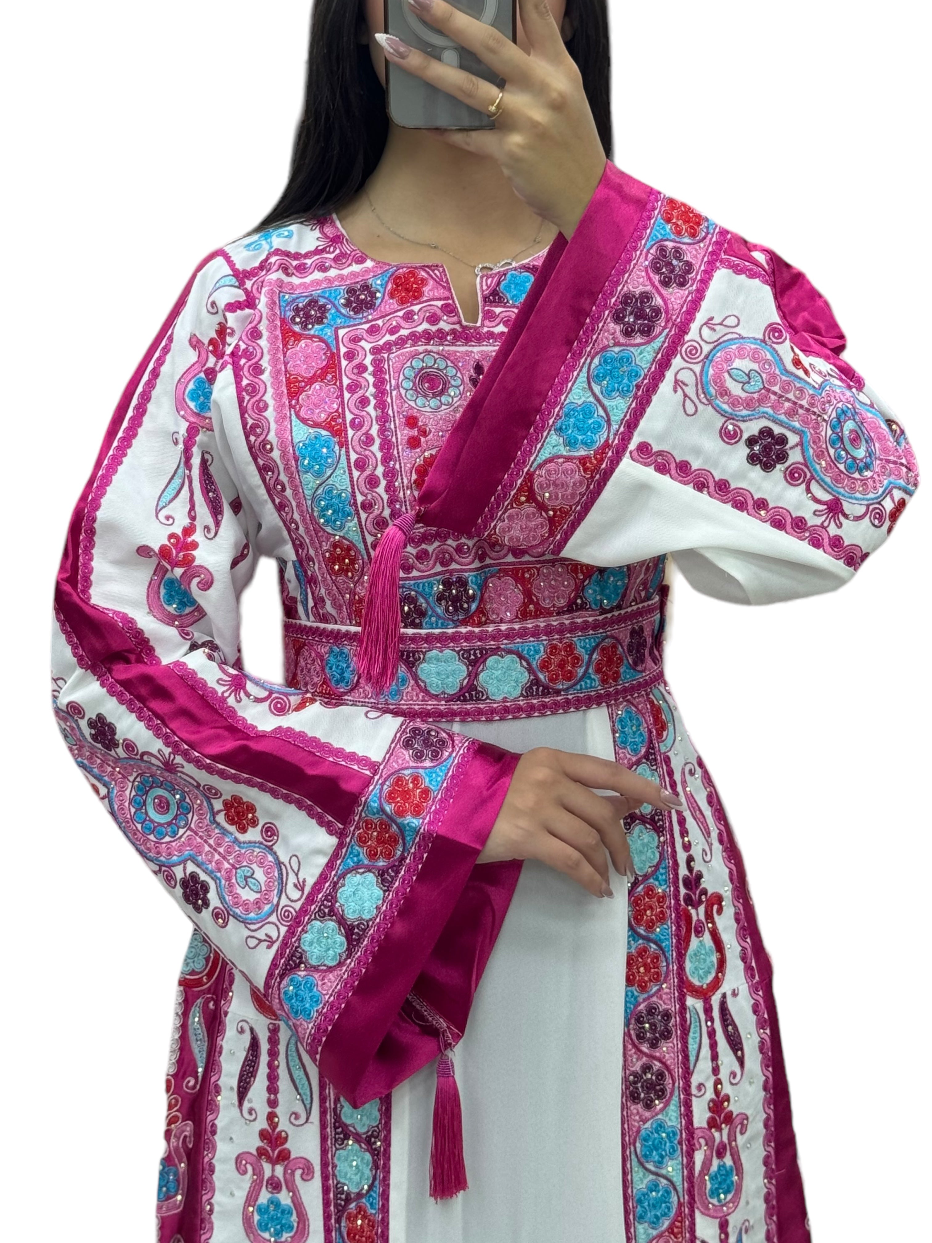 Pink Malacca White Embroidery Thoub  Wide Sleeve Elegant with Reversible Belt