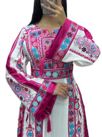 Load image into Gallery viewer, Pink Malacca White Embroidery Thoub  Wide Sleeve Elegant with Reversible Belt
