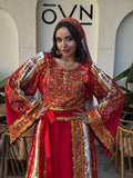 Traditional Palestinian Red Thobe with Intricate Embroidery – Machine Made with Matching Head Scarf