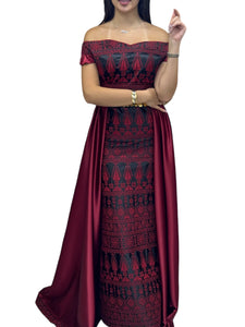 Dark Red Embroidery Dress Off Shoulder  long Overskirt