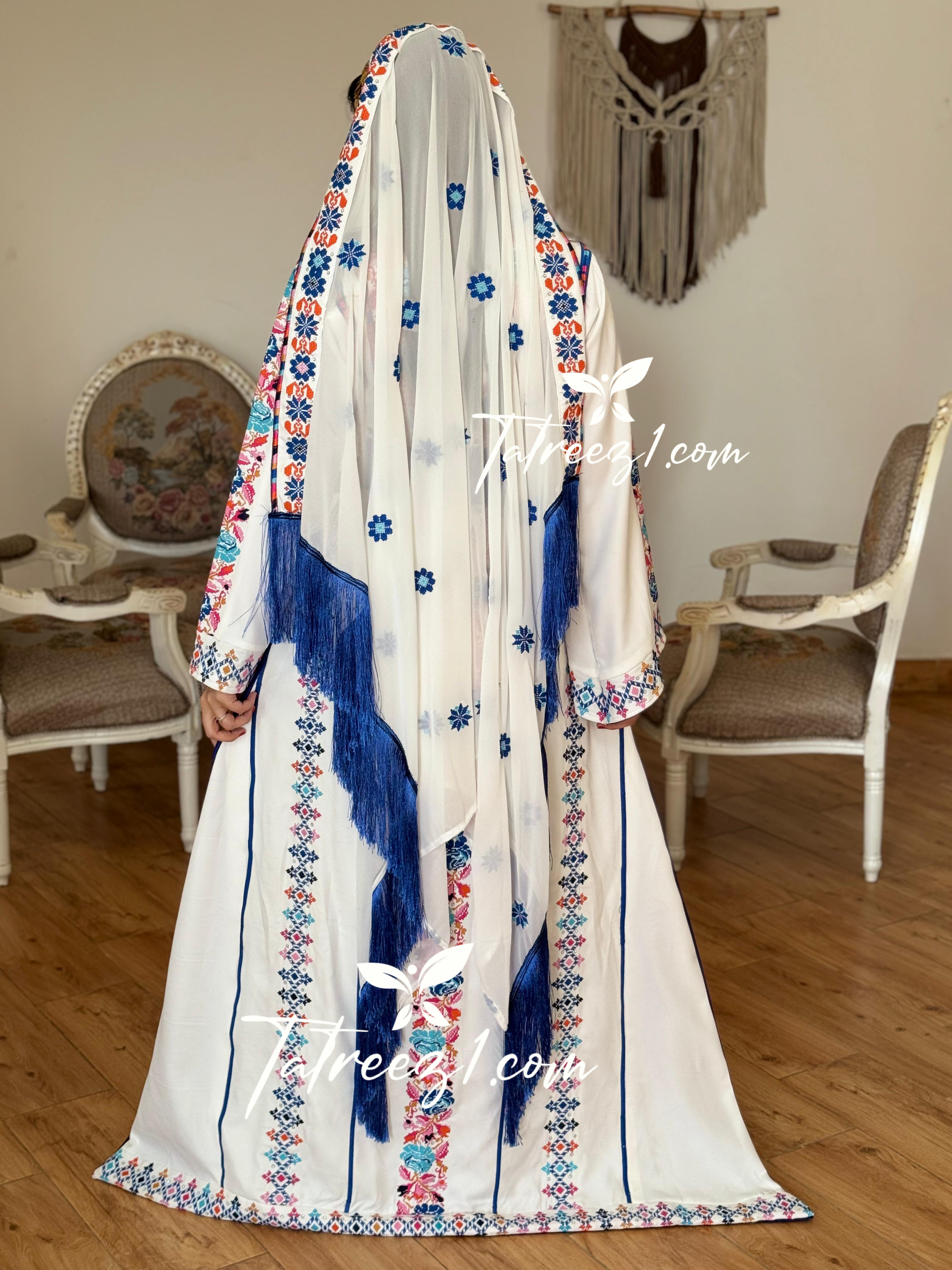 White Stunning Thoub with Floral Blue/Pink Embroidery and Overskirt.