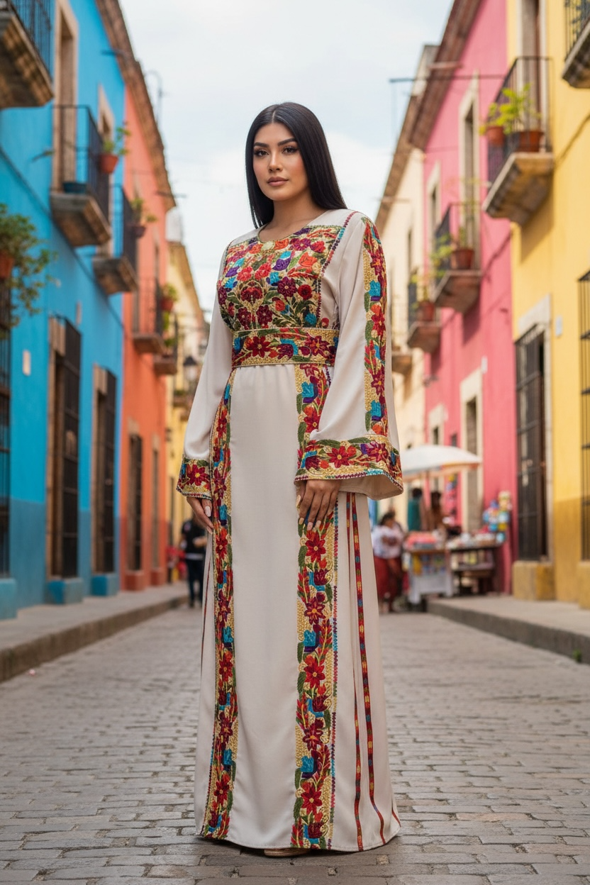 Beige Simple & Classic Elegant Emberoidery Dress With Matching belt