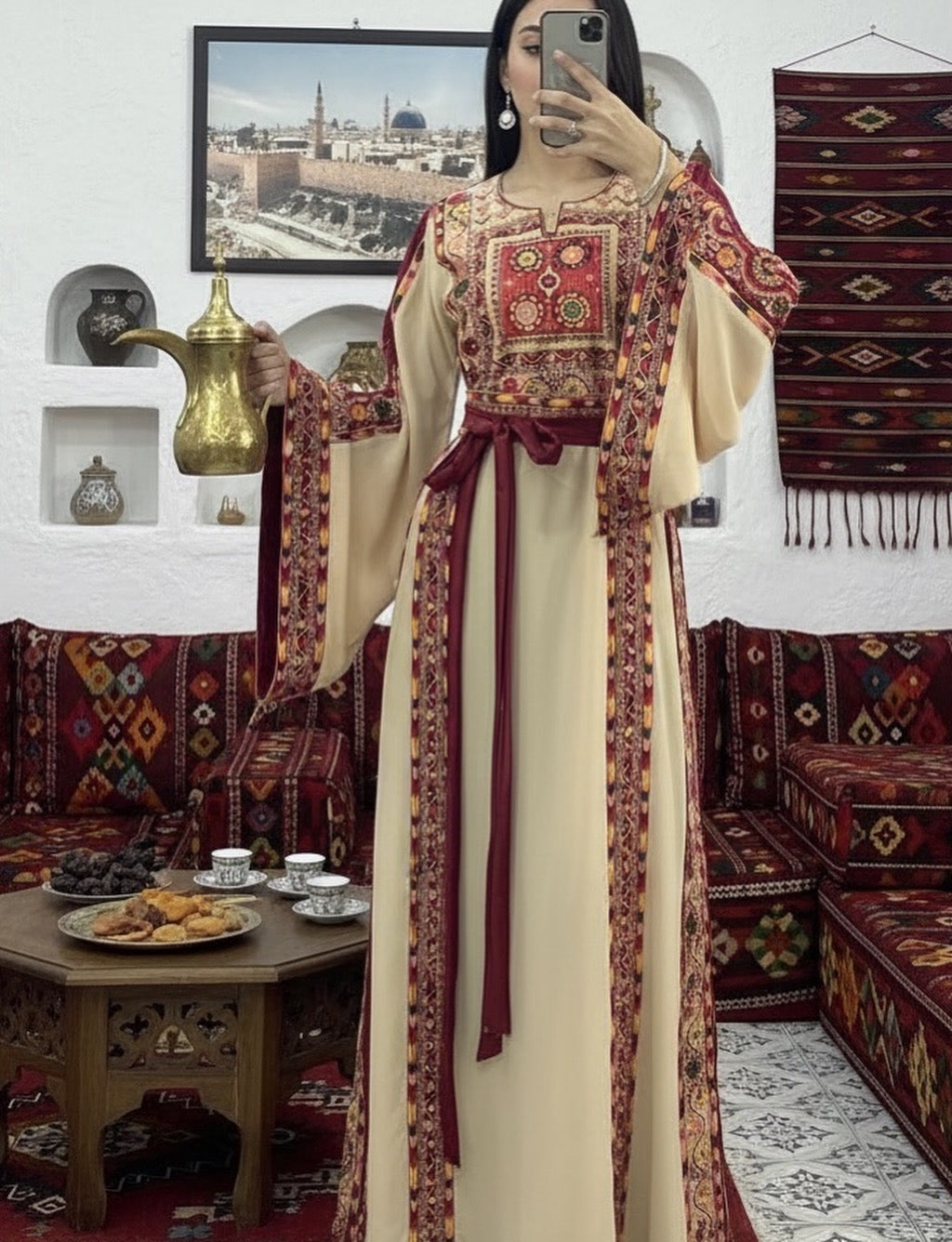 Traditional Beige A Simple Elegant Embroidered Dress