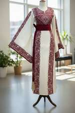Load image into Gallery viewer, Wide Sleeve Thoub Red Embroidered Palestinian Thobe With Satin Belt
