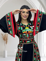 Charger l&#39;image dans la galerie, Palestine Flage Embroidery Black Traditional Thoub  Stone Thobe with Matching Belt
