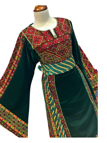 Green Velvet Embroidered Palestinian Fellahi Thobe Tatreez1 Green Velvet Embroidered Palestinian Fellahi Thobe Tatreez1
