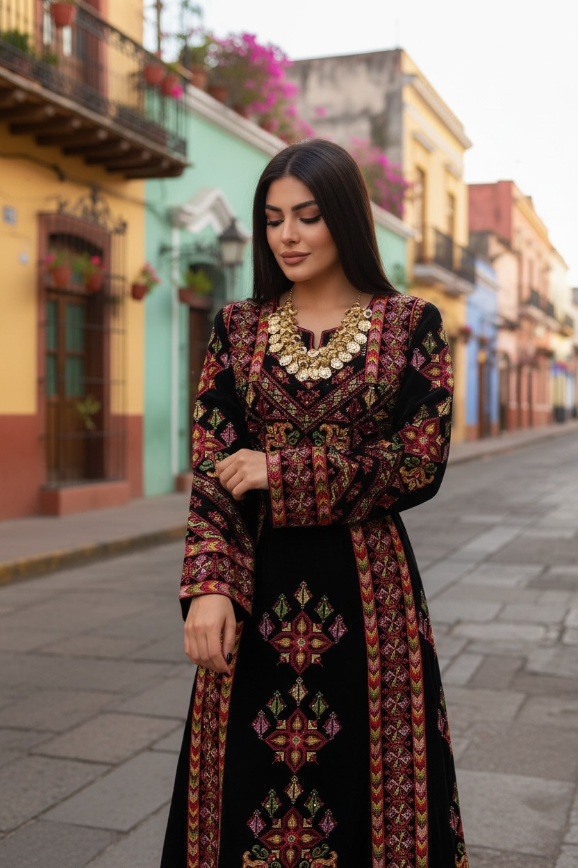 Black Velvet Embroidery Palestinian Fellahi Thobe