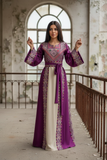 Purple Tatreez Elegant Embroidered Palestinian Beige Dress