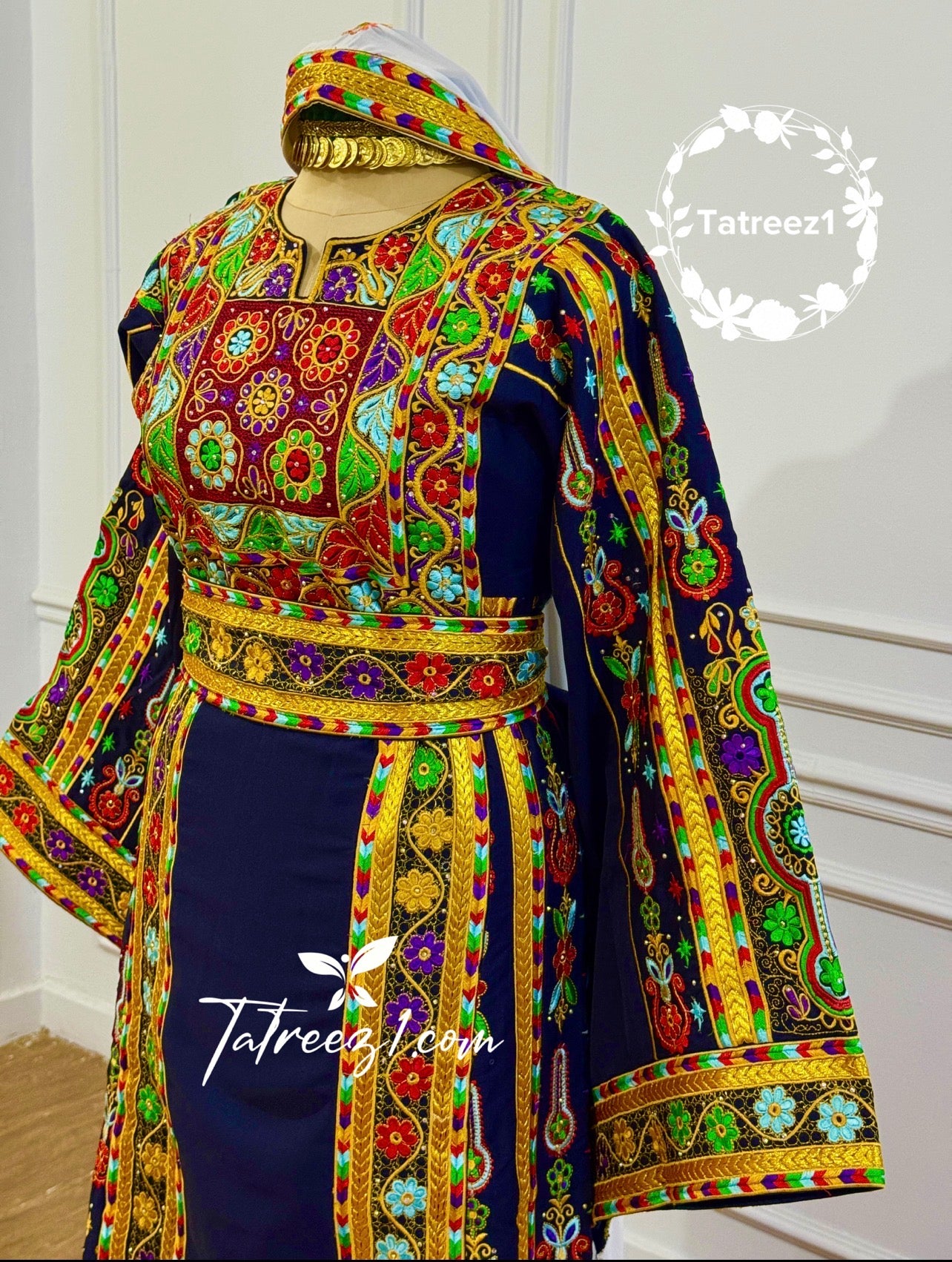 Navy Traditional Palestinian Thobe –  Full Set with Headscarf