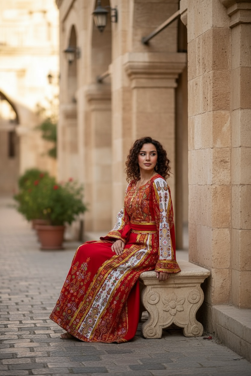 Traditional Palestinian Red Thobe with Intricate Embroidery – Machine Made with Matching Head Scarf