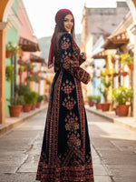 Load image into Gallery viewer, Black Velvet Embroidery Palestinian Fellahi Thobe
