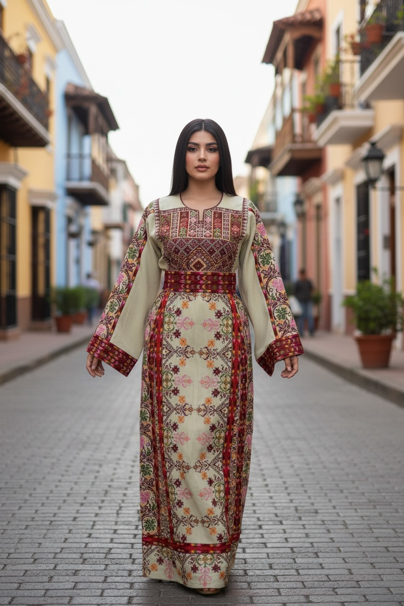Beige & Maroon Thobe with Geometric Floral Embroidery