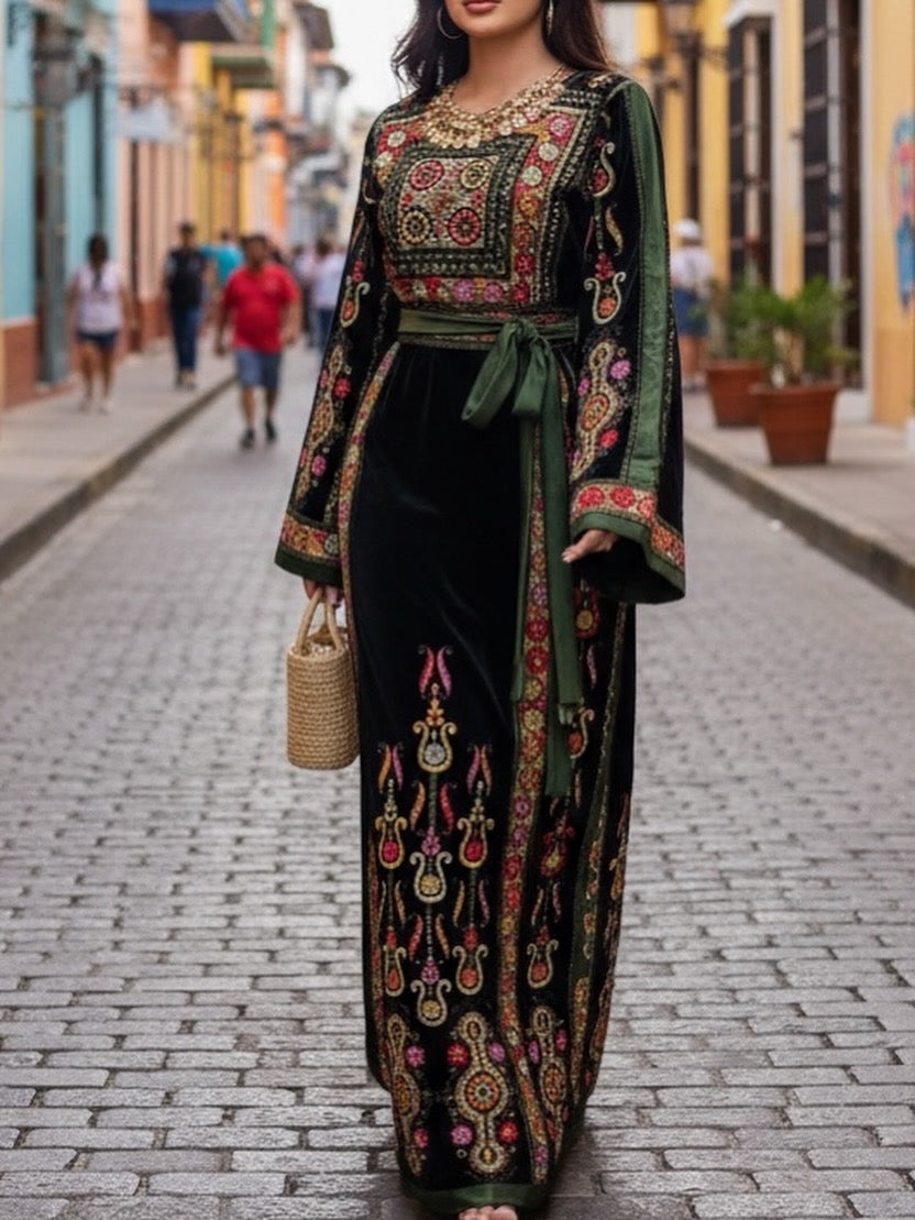 Midnight Velvet Malacca Embroidered Palestinian Fellahi Thobe