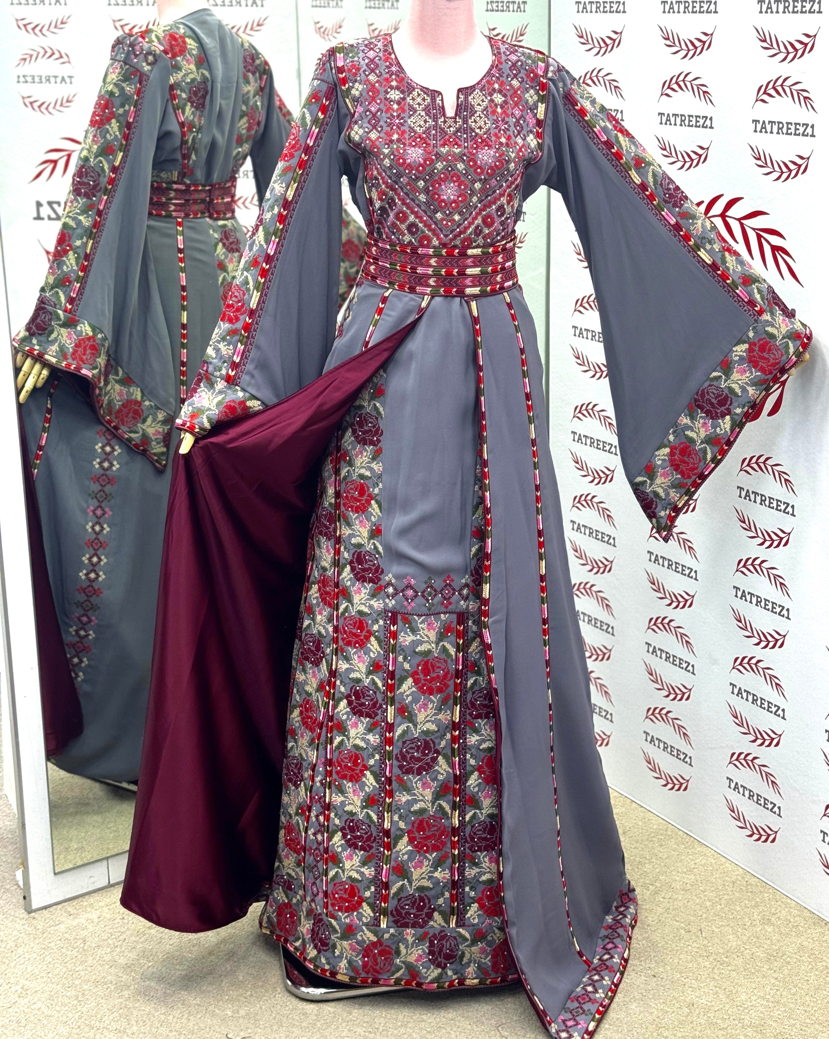 Royal Elegance Gray Thoub with Overskirt Thoub with Floral Embroidery