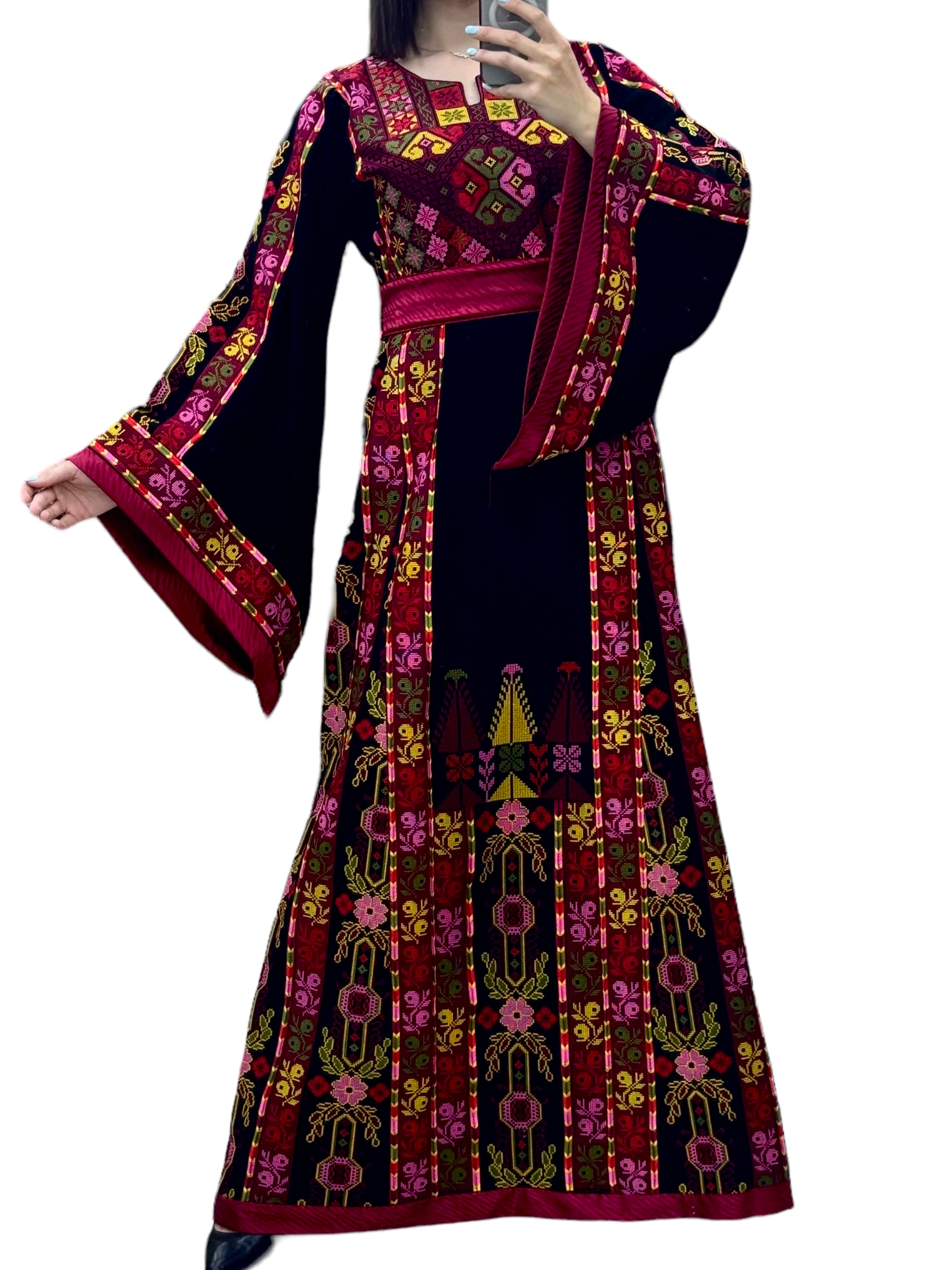 Black Thobe Embroidered Palestinian With Embroidery Belt