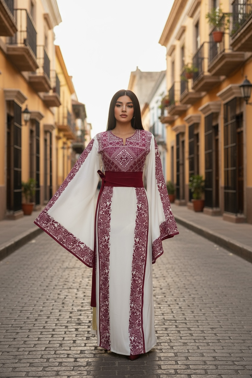 Wide Sleeve Thoub Red Embroidered Palestinian Thobe With Satin Belt