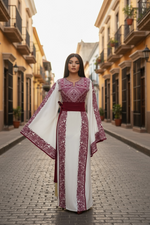 Load image into Gallery viewer, Wide Sleeve Thoub Red Embroidered Palestinian Thobe With Satin Belt
