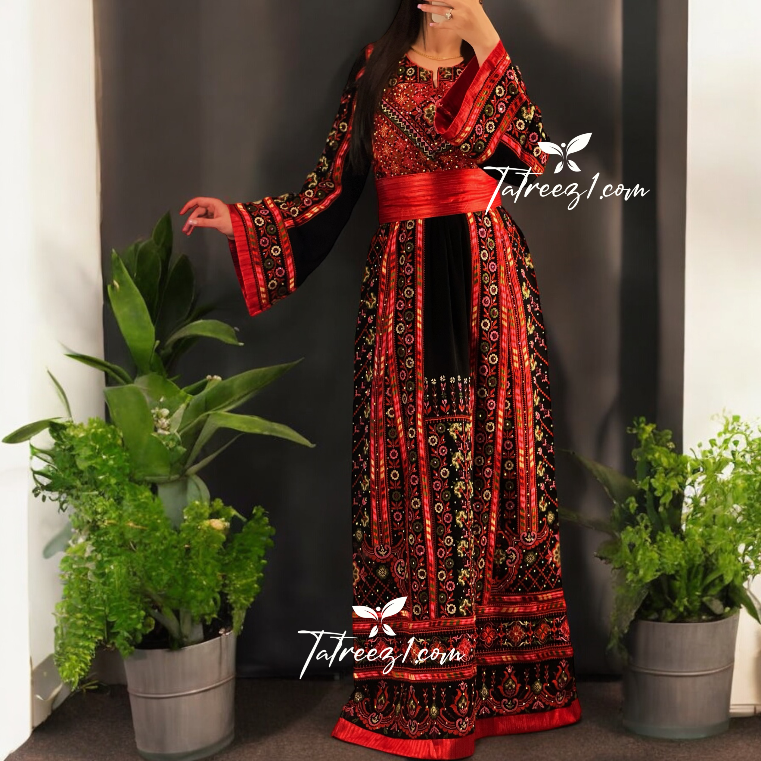 Red Traditional With Reversible Belt Embroidered Palestinian Fellahi Thobe