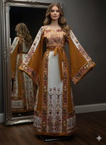 Load image into Gallery viewer, Yellow &amp; White  Palestinian Tatreez Thobe Heritage Elegance Embroidered Dress
