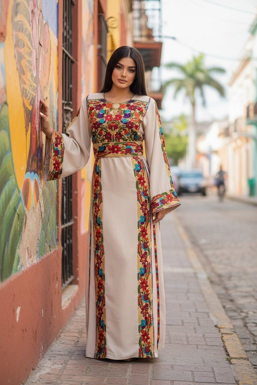 Beige Simple & Classic Elegant Emberoidery Dress With Matching belt