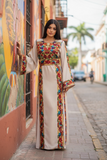 Beige Simple & Classic Elegant Emberoidery Dress With Matching belt