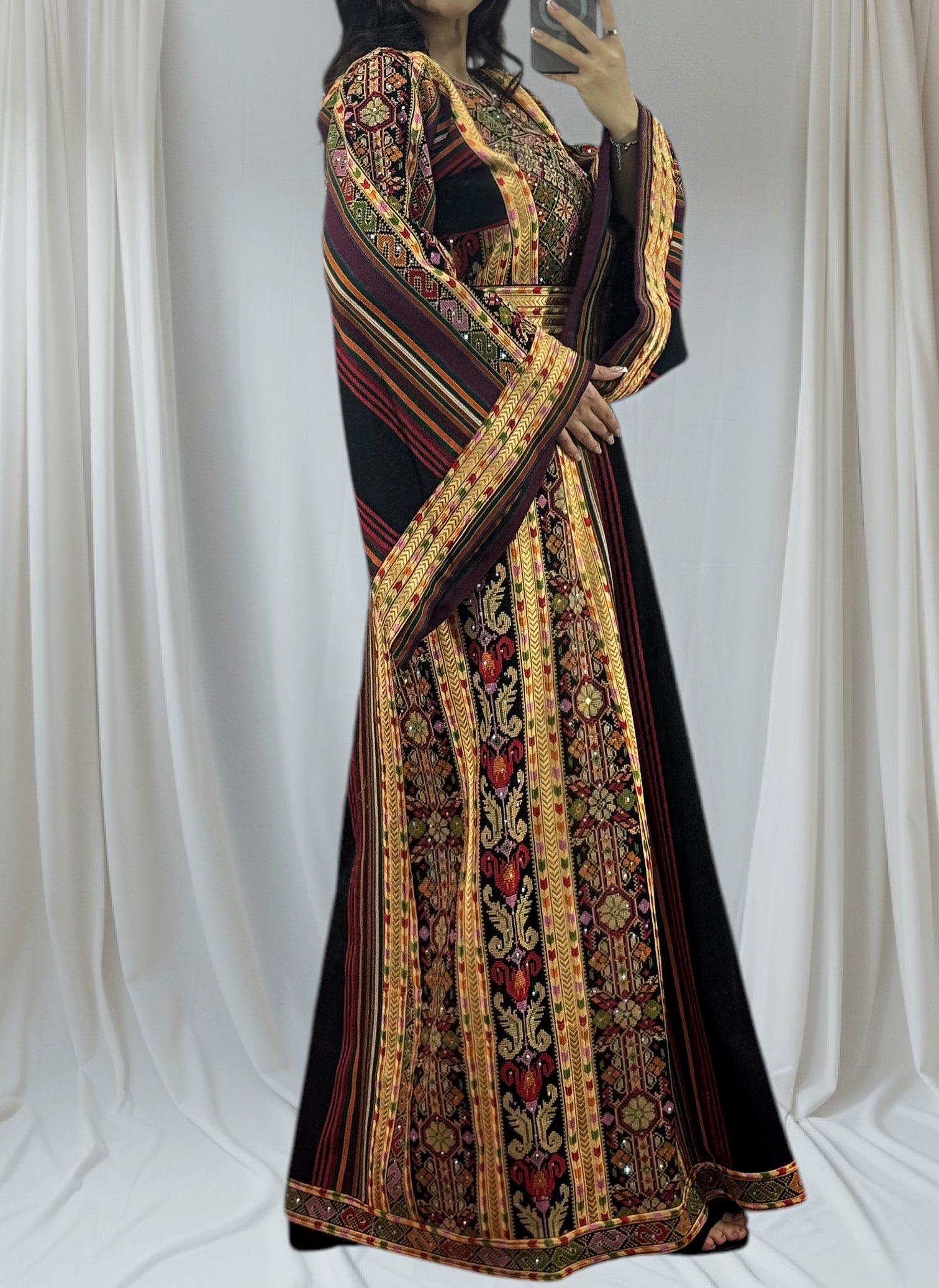 Majdalway Black & Multicolor Embroidered Palestinian Fellahi Thobe