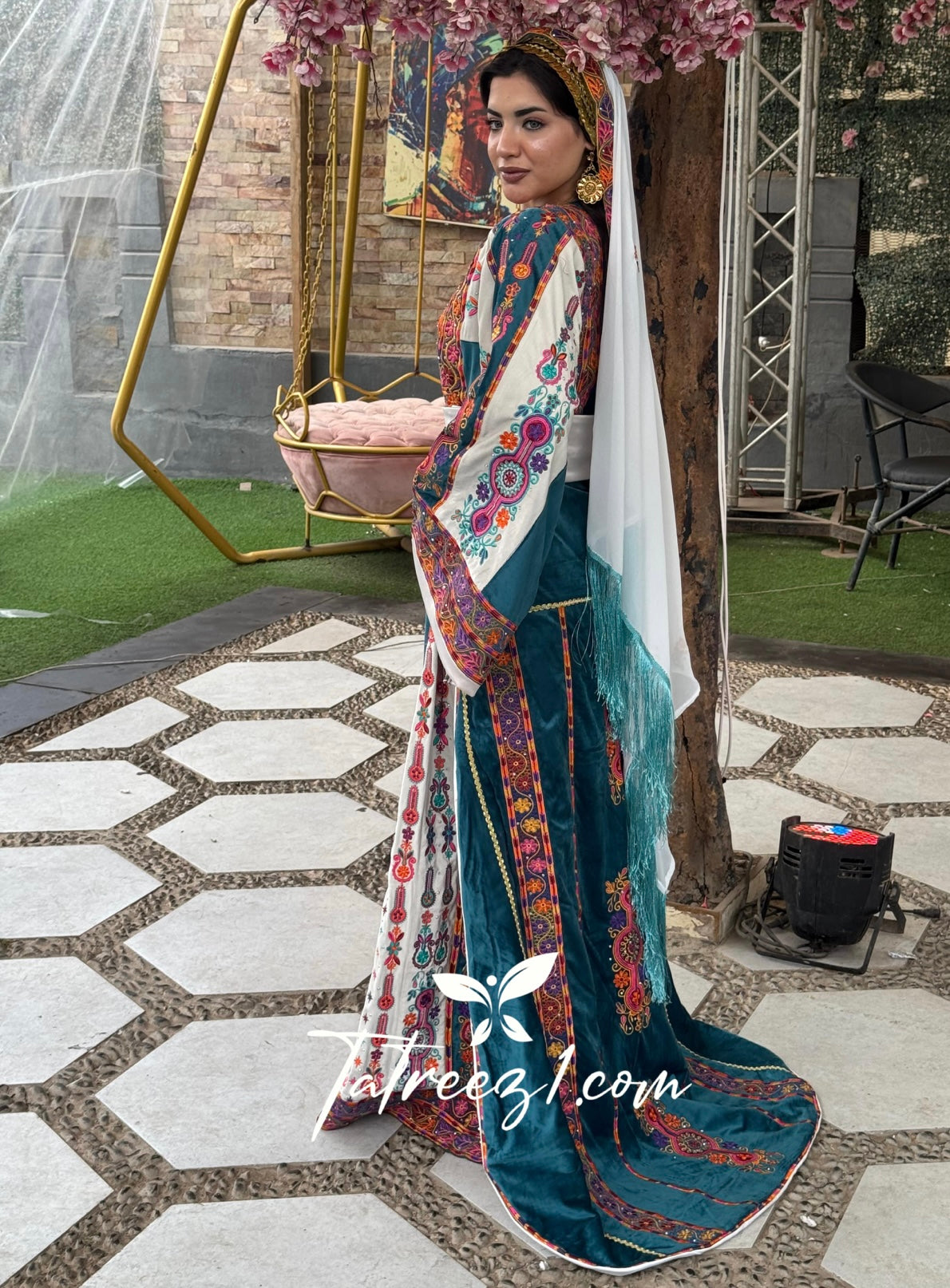 Blue Malacca Silk Velvet Thoub with Stone Embroidery and Overskirt