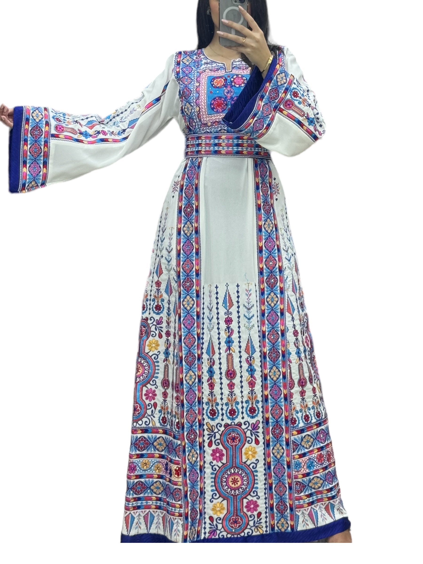 White & Blue Embroidered Palestinian Thobe With Reversible Belt