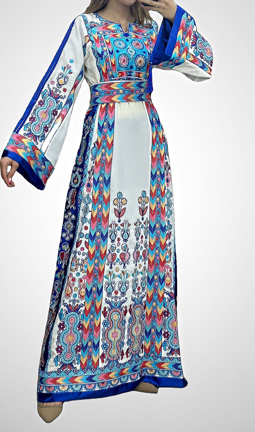 White & Blue Multicolored Embroidered Palestinian Fellahi Thobe