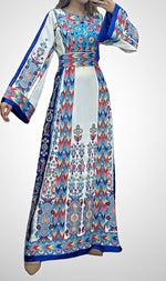 Load image into Gallery viewer, White &amp; Blue Multicolored Embroidered Palestinian Fellahi Thobe
