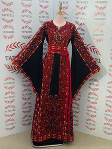 Red Embroidered Palestinian Thobe with Matching Embroidered Belt