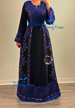 Charger l&#39;image dans la galerie, &quot;Black/Blue Embroidery-Embroidered Palestinian Thobe with Embroidered Belt.&quot;
