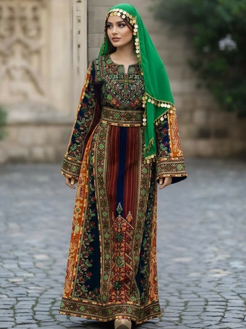 Green Jennah wnar Thoub Embroidery Thoub come with Embroidery Belt