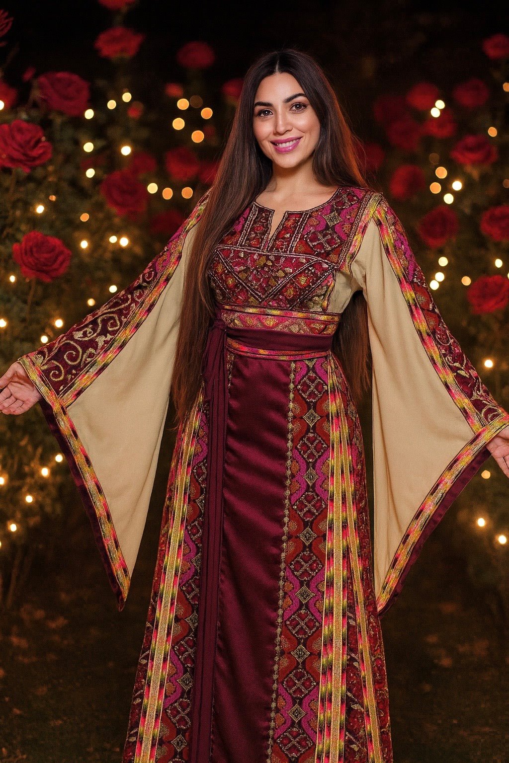 Luxury Traditional Palestinian Embroidered Dress Palestinian Thobe with Wide Sleeves and Belt
