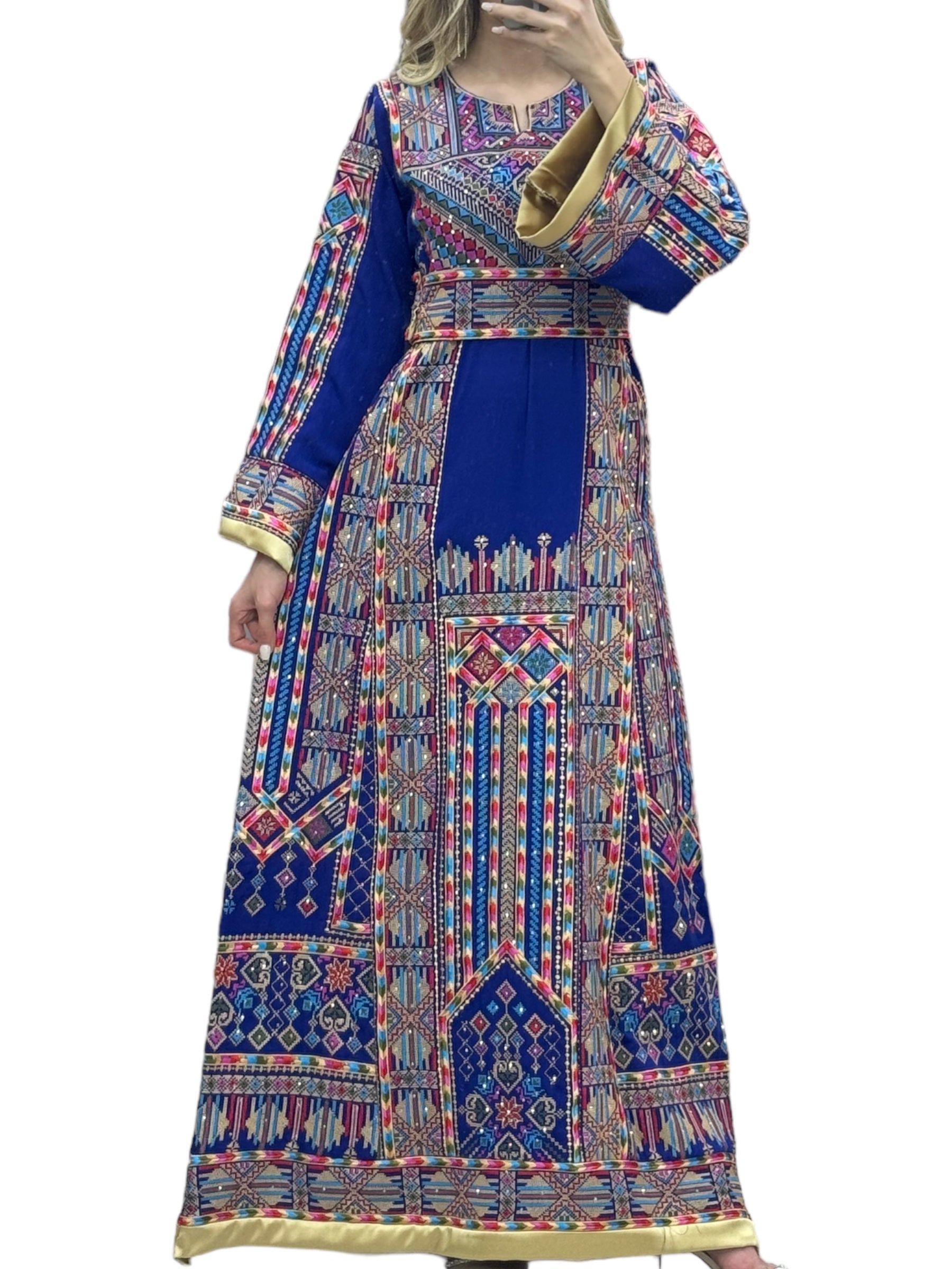 Blue Palestinian Thobe With Embroidery Belt