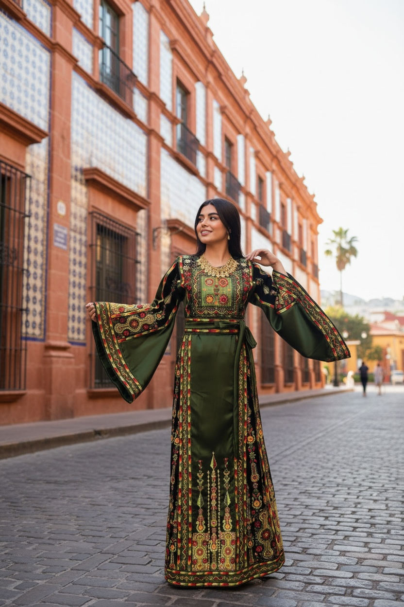 Luxurious Satin Thoub in Emerald Green