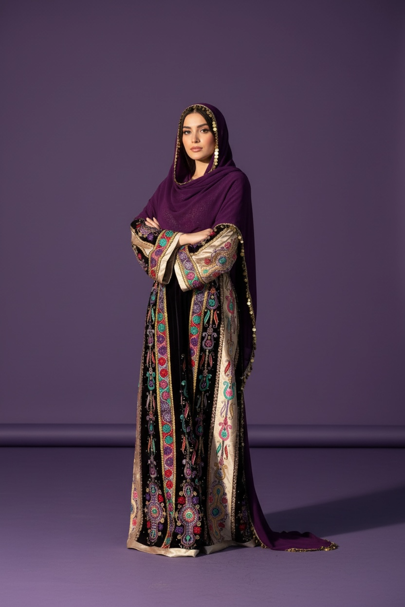Purple Velvet Malacca Embroidered Palestinian Fellahi Thobe
