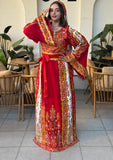 Traditional Palestinian Red Thobe with Intricate Embroidery – Machine Made with Matching Head Scarf