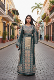 Beige thoub Blue Embroidered Palestinian Fellahi Thobe With Belt