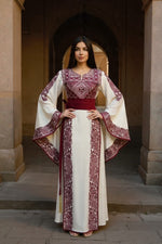 Load image into Gallery viewer, Wide Sleeve Thoub Red Embroidered Palestinian Thobe With Satin Belt

