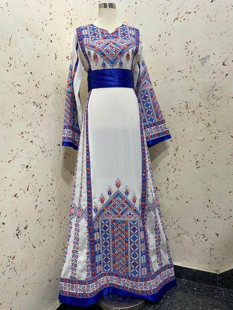 Simple Traditional  Blue Embroidery Stone Thobe with Matching Embroidery And Satin Belt